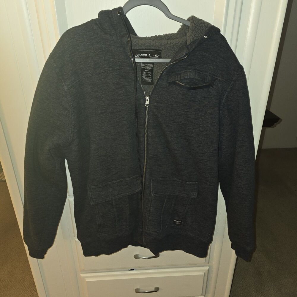 O'Neill Men's Hoodie Jacket Dark Gray  XL Sherpa Lined 2 Flap Pockets 1 Zip
